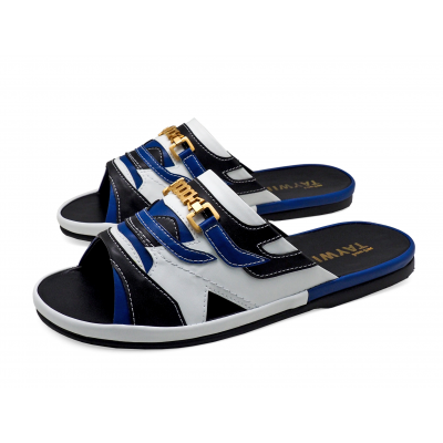 รองเท้าแตะ SKF-38 หนังไมโครไฟเบอร์นิ่มดำ-น้ำเงิน-นิ่มขาวสลับ